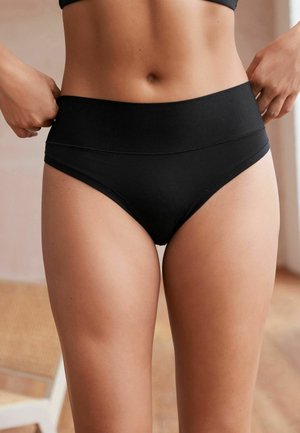 Schwarze hochtaillierte Bikiniunterteile aus weichem, dehnbarem Stoff mit einer glatten Textur und minimalen Nähten.