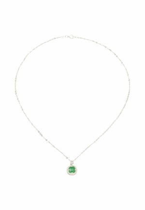 Collier délicat en chaîne d'argent avec un pendentif en pierre précieuse ronde verte sertie dans un cadre en argent.