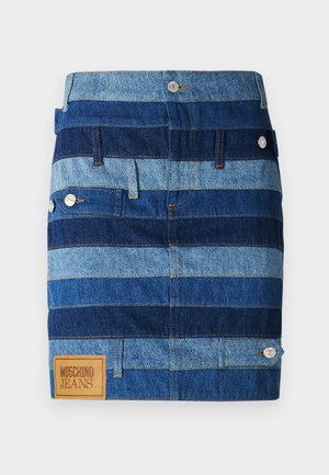 Denim mini skirt with horizontal blue and light blue stripes, featuring silver button hardware and a brown logo patch at the hem.