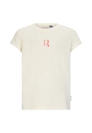T-shirt in cotone color crema con maniche corte e scollo rotondo. Presenta un piccolo logo rosa sul petto. Vestibilità morbida e casual.