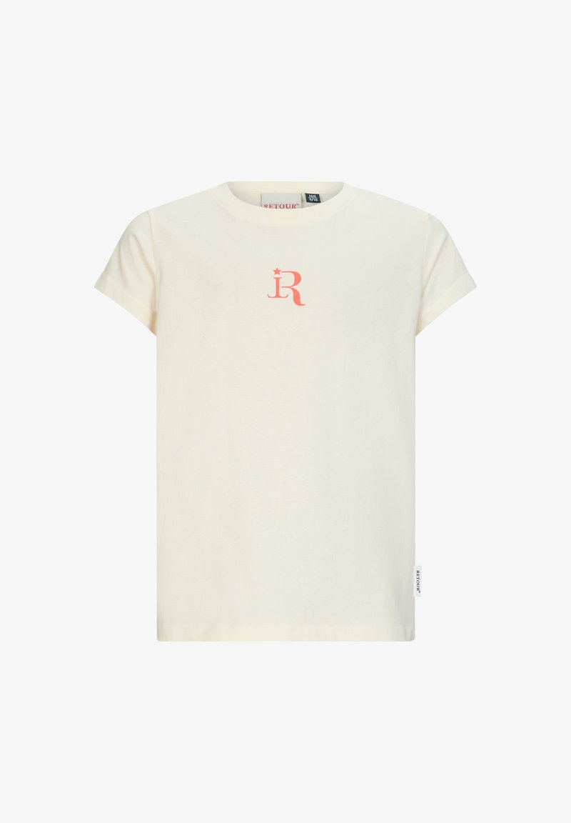 T-shirt in cotone color crema con maniche corte e scollo rotondo. Presenta un piccolo logo rosa sul petto. Vestibilità morbida e casual.