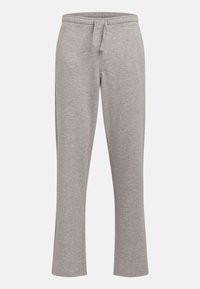 Pantalones de chándal grises hechos de una tela suave, con cintura ajustable por cordón, piernas rectas y una textura sutil sin patrones ni acentos visibles.