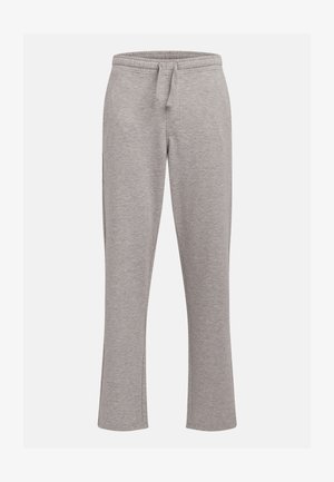 Pantaloni de trening gri, confecționați dintr-un material moale, cu talie ajustabilă cu șnur, picioare drepte și o textură subtilă, fără modele sau accente vizibile.