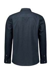 Donkerblauwe blouse met lange mouwen en knopen. Heeft een kraag, een achterpand met een knoop en knoopmanchetten aan de mouwen.