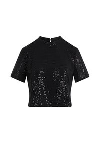 Top corto nero con maniche corte e scollatura alta, caratterizzato da un motivo testurizzato e da paillettes lucide sparse. Chiusura con zip sul retro.