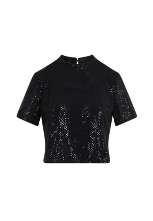 Top negro de manga corta con cuello alto, que presenta un patrón texturizado y lentejuelas brillantes esparcidas. Cierre de cremallera en la parte posterior.