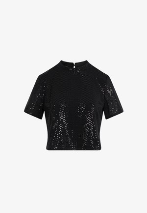 Zwarte top met korte mouwen en een hoge halslijn, met een textuurpatroon en verspreide glanzende pailletten. Achteren met ritsluiting.