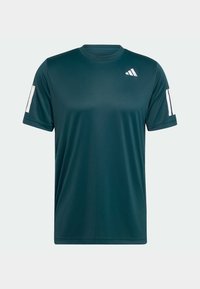 Teal athletic t-shirt made of moisture-wicking fabric. Short sleeves with white accents and brand logo on the upper left chest. Smooth texture.