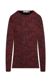 Roter und schwarzer Pullover mit langen Ärmeln, der ein Tigerstreifenmuster, einen runden Halsausschnitt und eine weiche Textur aufweist. Hergestellt aus Strickstoff.