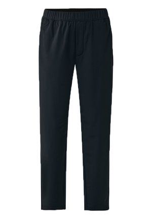 Pantalones deportivos negros hechos de un material suave y elástico. Presentan una cinturilla elástica, bolsillos laterales y un diseño de pierna ajustada.