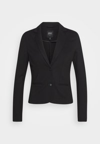 Blazer noir à coupe slim, fermeture par un seul bouton, revers crantés et deux poches avant. Fabriqué en tissu lisse avec un design structuré.