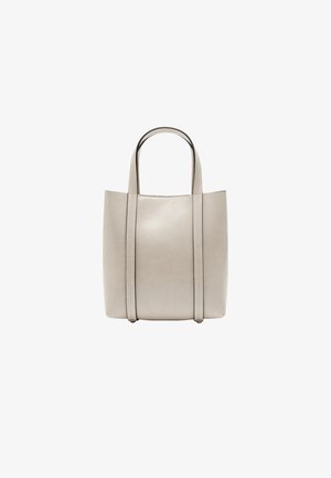 Beżowa torebka na ramię z wegańskiej skóry, z dwoma uchwytami, prostokątny kształt, gładka tekstura oraz detale szycia wzdłuż krawędzi.