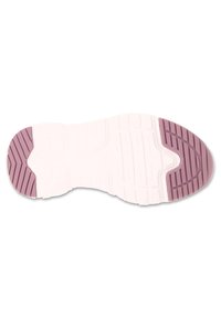 Podeszwa gumowa z białą podstawą i lawendowym obcasem. Powierzchnia ma żłobkowane wzory zapewniające przyczepność i stabilność.