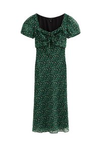Robe florale verte avec des manches courtes bouffantes, un col à volants et un corsage ajusté. Tissu léger, longueur genoux avec une jupe fluide.