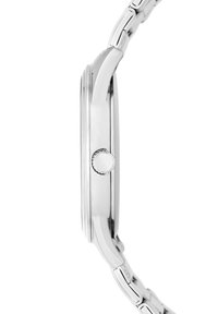 Edelstahl-Armbanduhr mit rundem Gehäuse und strukturiertem Kronen, das eine polierte Oberfläche und ein verlinktes Metallarmband aufweist.