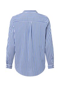 Camicia a maniche lunghe a strisce verticali blu e bianche con colletto, polsini a bottoni e dettaglio a pieghe sul retro.