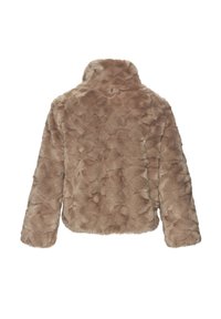 Rjava umetna krznena jakna z visokim ovratnikom, teksturirano površino in zaobljeno obliko. Ima dolge rokave in majhen gumb na vratu.