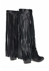 Stivali neri al ginocchio con dettagli in frange lunghe e sottili, una texture in pelle liscia, punta affusolata e tacco a blocco.