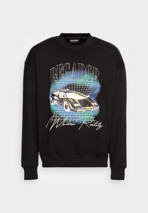 Black sweatshirt made of cotton blend, featuring a graphic of a sports car with "REGADOR" text and colorful background patterns.