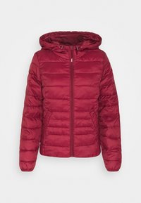 Rød dunjakke med hætte, med quiltet design og lynlåslukning. Fremstillet af skinnende syntetisk materiale, blød tekstur og letvægt.