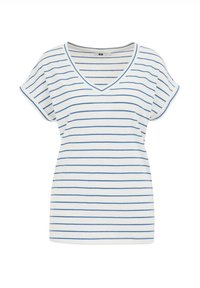 Striped short-sleeve V-neck t-shirt in white and blue, featuring a relaxed fit with rolled cuffs and soft cotton texture.