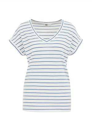 Striped short-sleeve V-neck t-shirt in white and blue, featuring a relaxed fit with rolled cuffs and soft cotton texture.