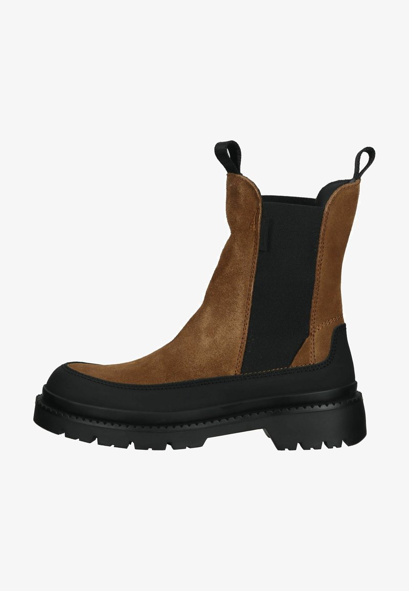 Brown suede ankle boot with a black rubber sole, elastic side panels, pull tabs, and a rounded toe design. Sturdy with textured accents.