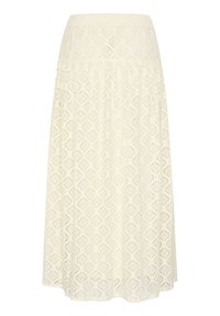 Une jupe en dentelle crème avec un motif en losange, une taille élastique et une silhouette fluide. Le tissu a une apparence délicate et texturée.
