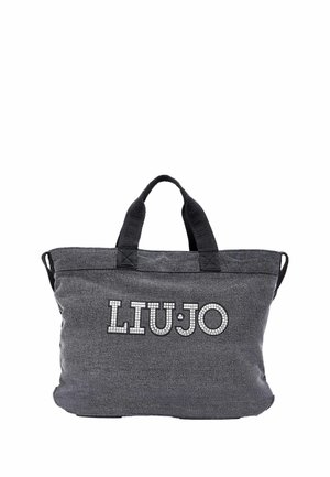 Ampia borsa tote in tessuto grigio scuro con manici neri e logo "LIU·JO" in lettere bianche in stile mosaico sulla parte anteriore.