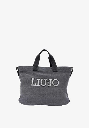 Ampia borsa tote in tessuto grigio scuro con manici neri e logo "LIU·JO" in lettere bianche in stile mosaico sulla parte anteriore.