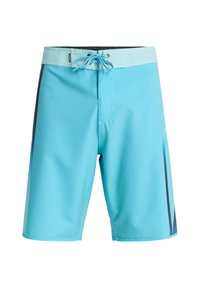 Τυρκουάζ ανδρικό μαγιό σορτς από ελαφρύ υλικό, με κορδόνι στη μέση και σκούρες μπλε λεπτομέρειες στο πλάι.