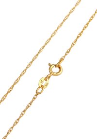 Collana in tono oro con anelli attorcigliati, dotata di un gancio a moschettone circolare e di un timbro 925, che indica la qualità dell'argento sterling.