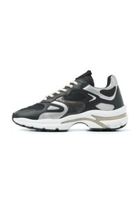 Black and silver sneaker with mesh and leather materials, lace-up design, contrasting textures, and a thick white sole with gold accents.