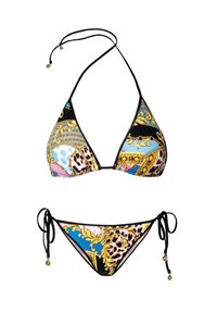 Trójkątny zestaw bikini z mieszanką wzorów w odcieniach różu, niebieskiego i złotego na czarnym tle. Związane z tyłu szyi i po bokach. Złote akcenty dołączone.