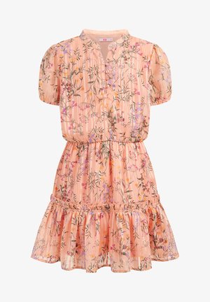 Pfirsichfarbenes Kleid mit kurzen Ärmeln, floralem Muster, geknöpftem V-Ausschnitt, tailliert und mit Rüschensaum.
