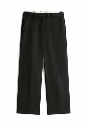 Pantalones formales negros de pernera recta, con pasadores para cinturón, bolsillos laterales y cierre de cremallera frontal con gancho sobre un fondo blanco.