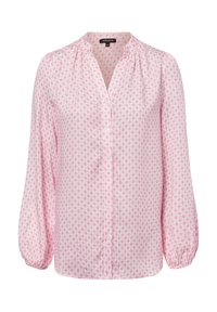 Light pink blouse with a diamond pattern in darker pink. Features a button-up front, long sleeves, and gathered texture at the neckline.