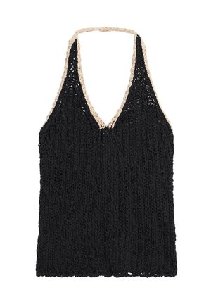 Czarny, szydełkowany top na ramiączkach z beżową lamówką wokół dekoltu i ramiączek, charakteryzujący się głębokim dekoltem w serek i ażurowym wzorem.