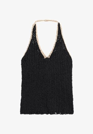 Czarny, szydełkowany top na ramiączkach z beżową lamówką wokół dekoltu i ramiączek, charakteryzujący się głębokim dekoltem w serek i ażurowym wzorem.