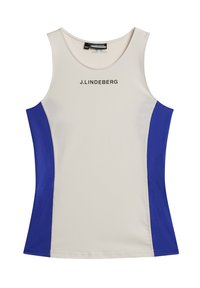 Canotta senza maniche; corpo beige con pannelli laterali in rete blu; presenta il logo "J.LINDEBERG" in nero sul fronte; texture liscia.