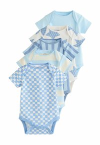 Fünf Kurzarm-Bodysuits in verschiedenen Blautönen. Die Muster umfassen Karos, Streifen und einfarbige Designs. Aus weichem Baumwollmaterial.