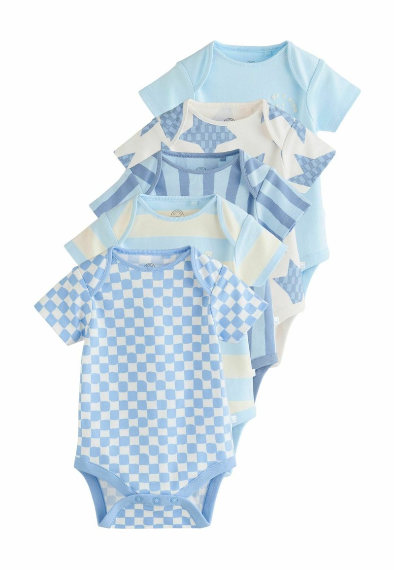 Fünf Kurzarm-Bodysuits in verschiedenen Blautönen. Die Muster umfassen Karos, Streifen und einfarbige Designs. Aus weichem Baumwollmaterial.