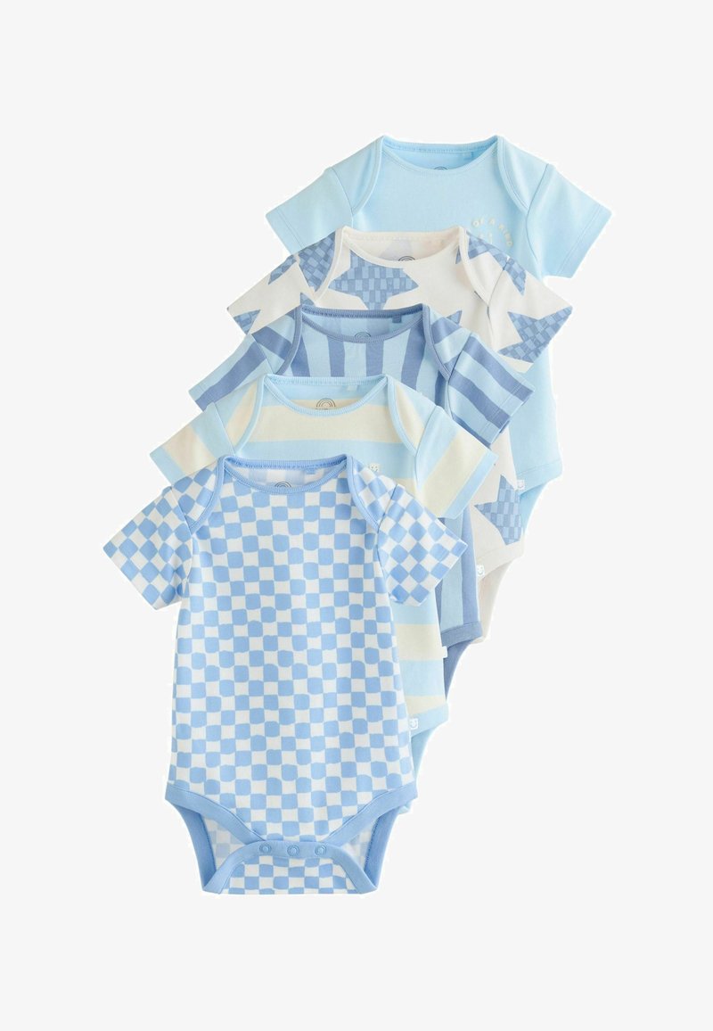 Cinq bodys bébé à manches courtes dans des nuances de bleu avec des motifs comprenant carreaux, rayures, étoiles et couleurs unies.
