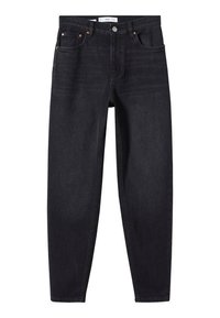 Jean en denim noir taille haute avec fermeture à boutons sur le devant, cinq poches, et jambes droites effilées sur fond blanc.