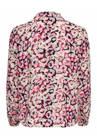 Blouse à manches longues avec un motif floral abstrait coloré en rose, blanc, noir et violet, vue de dos.