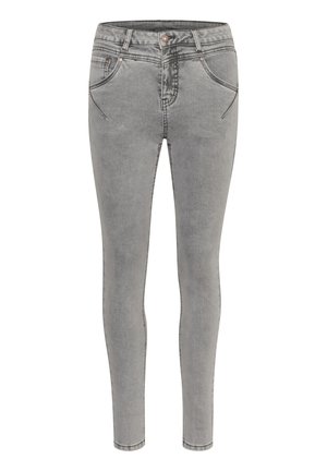 Jeans skinny de mezclilla gris con cintura alta, dos bolsillos frontales y un bolsillo trasero. Presenta costuras en contraste y cierre con botón.