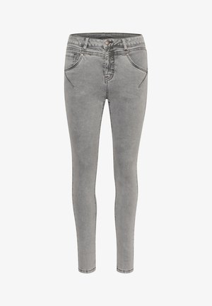 Pelēki džinsi ar šauru formu un augstu vidukli, divi priekšējie kabatas un viena aizmugurējā kabata. Iezīmē kontrastējošas šuves un pogu aizdari.