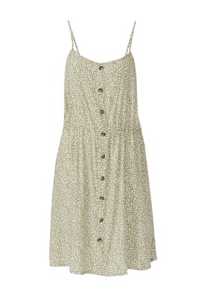 Lichtgroene jurk met bloemenpatroon, voorzien van dunne bandjes, een knopenrij aan de voorkant en een geplooide taille. De stof heeft een zachte textuur.
