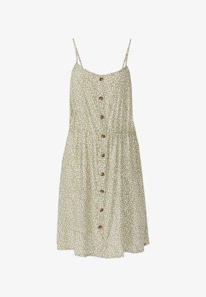 Lichtgroene jurk met bloemenpatroon, voorzien van dunne bandjes, een knopenrij aan de voorkant en een geplooide taille. De stof heeft een zachte textuur.