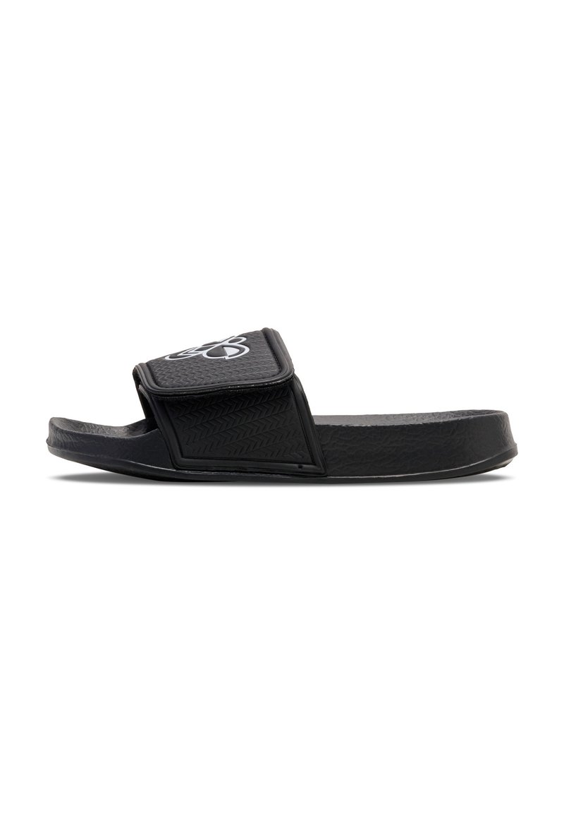 Black slide sandal with a textured strap and embossed logo. Featuring a flat sole and durable rubber material for comfort and grip.